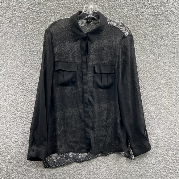 Nue Options Women Top Large Black White Button Front‎ Long Sleeve Shirt Sheer - Picture 1 of 10
